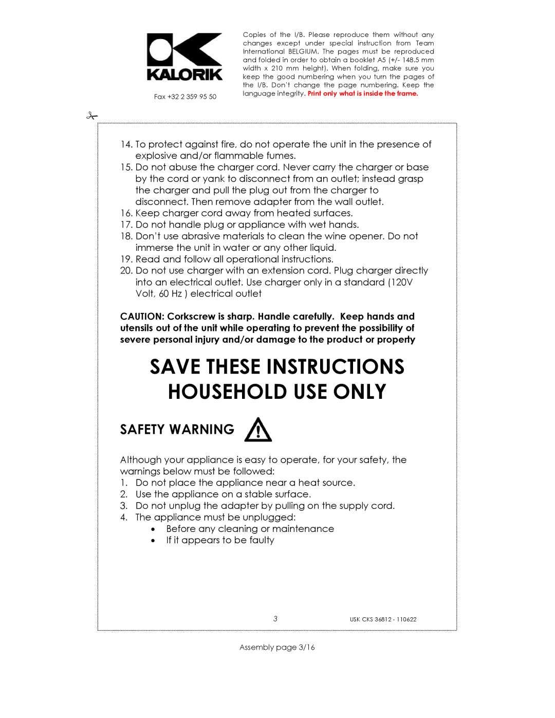 Kalorik USK CKS 36812 manual Household USE only, Safety Warning, Assembly page 3/16 