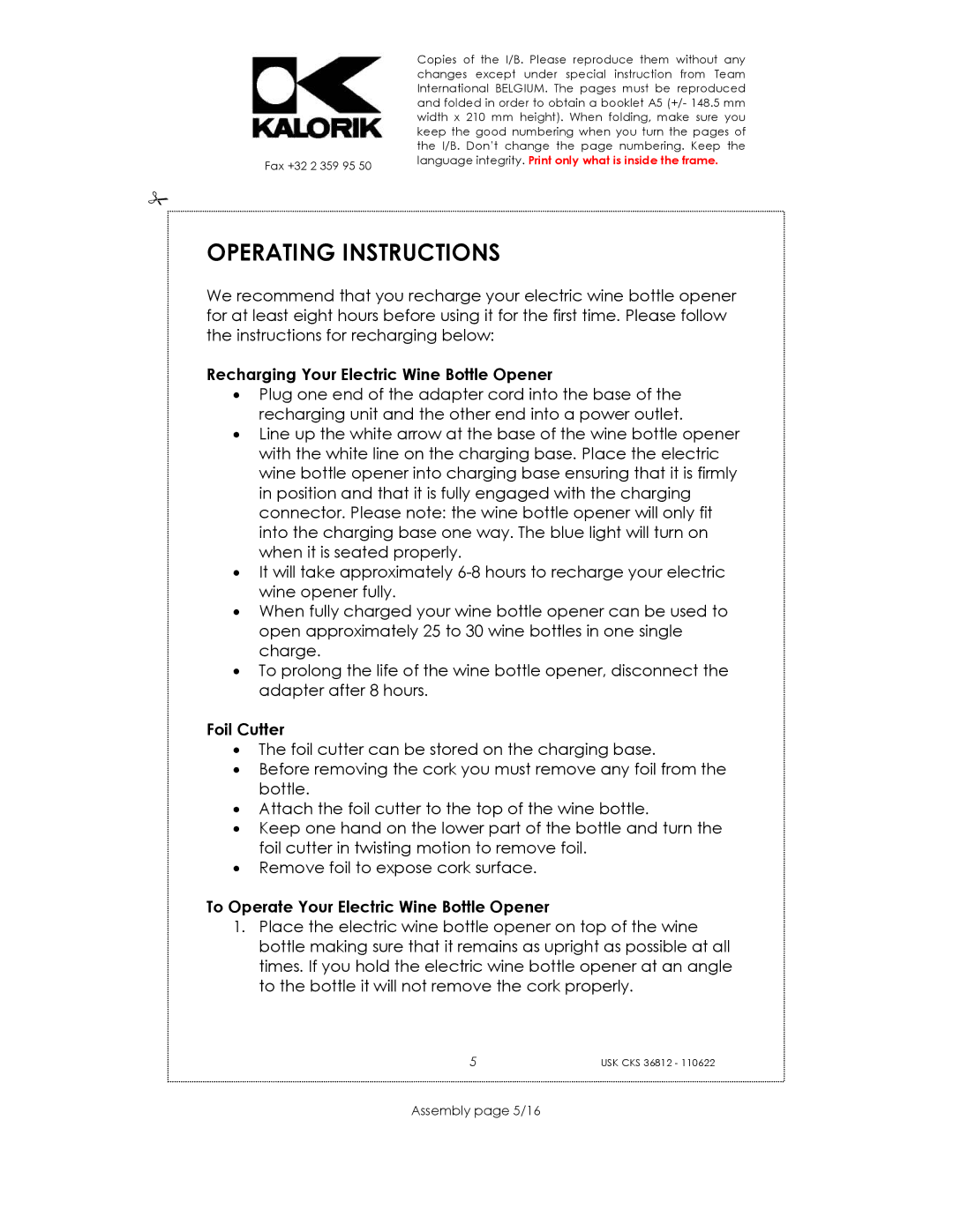 Kalorik USK CKS 36812 Operating Instructions, Recharging Your Electric Wine Bottle Opener, Foil Cutter, Assembly page 5/16 