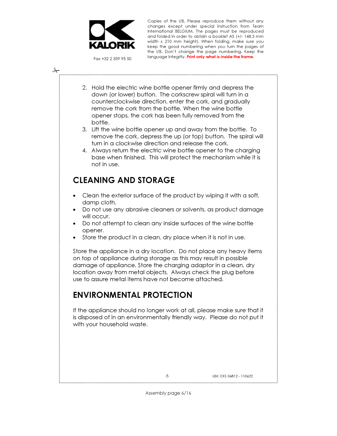 Kalorik USK CKS 36812 manual Cleaning and Storage, Environmental Protection, Assembly page 6/16 