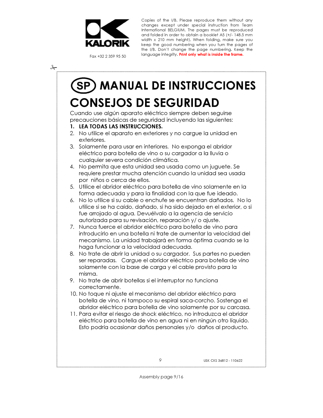 Kalorik USK CKS 36812 manual Consejos DE Seguridad, Assembly page 9/16 