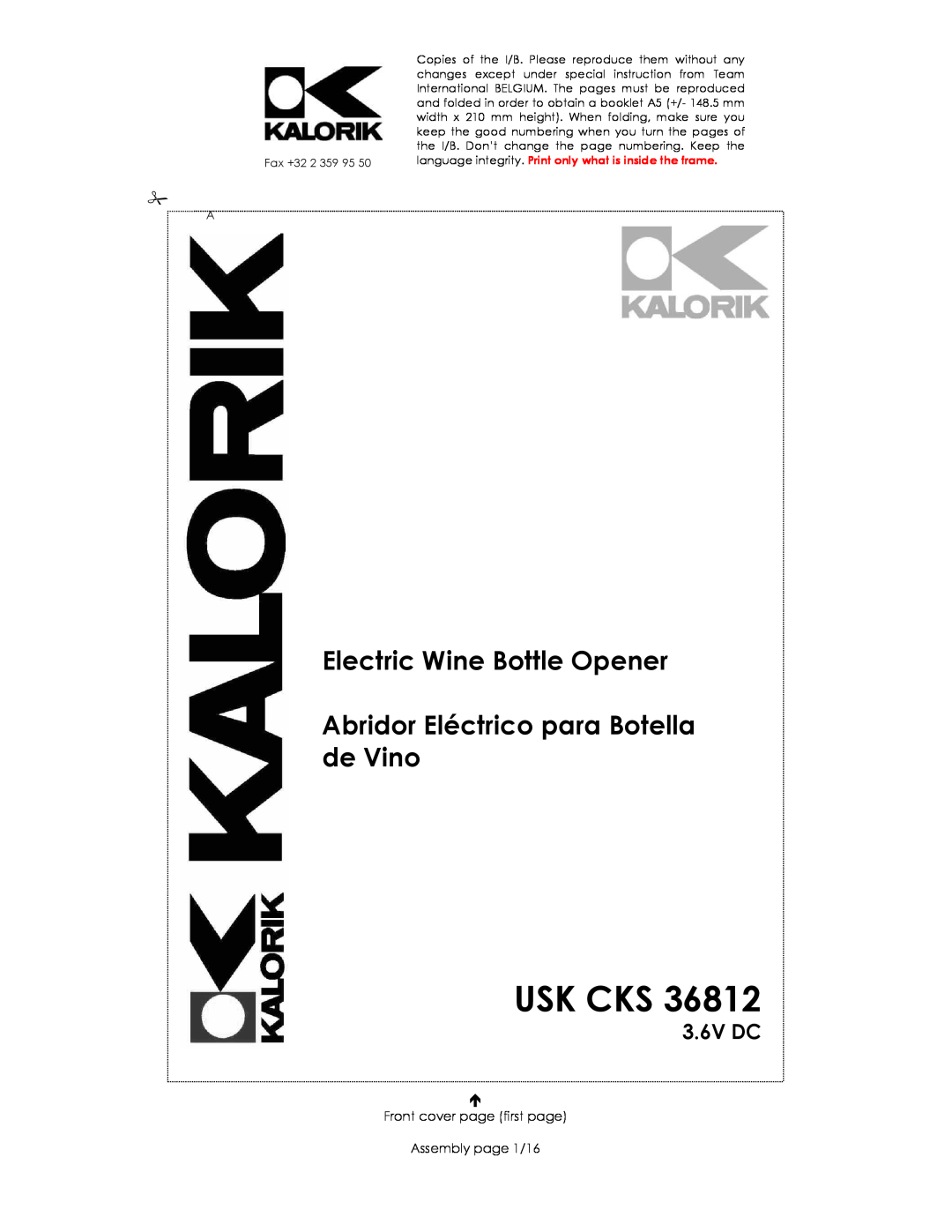 Kalorik USK CKS 36812 manual Usk Cks, 3.6V DC, Electric Wine Bottle Opener Abridor Eléctrico para Botella de Vino 