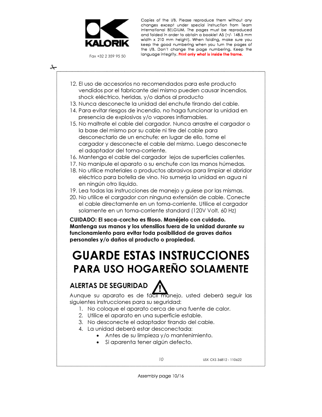 Kalorik USK CKS 36812 manual Guarde Estas Instrucciones, Alertas De Seguridad, Para Uso Hogareño Solamente 