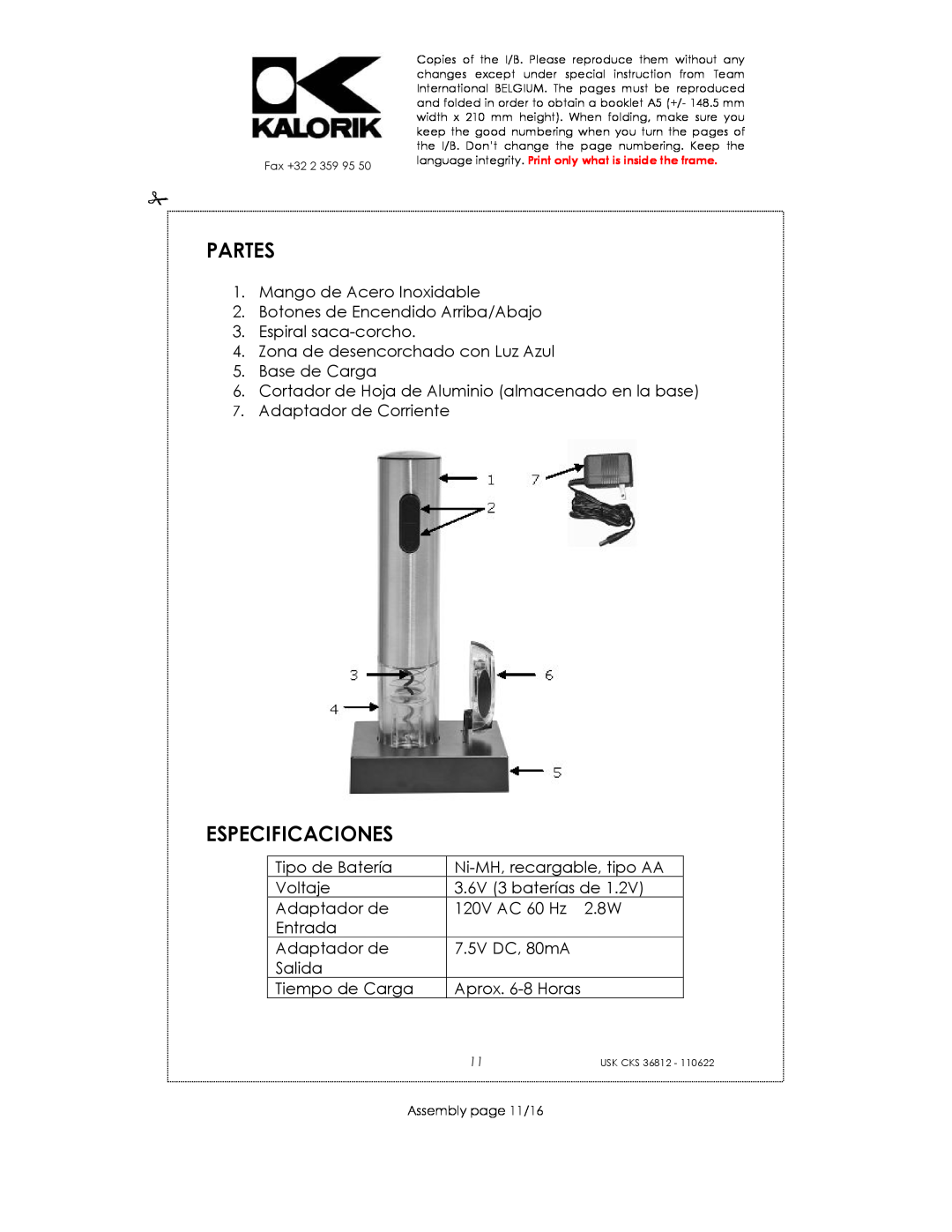 Kalorik USK CKS 36812 manual Partes, Especificaciones, Assembly page 11/16 