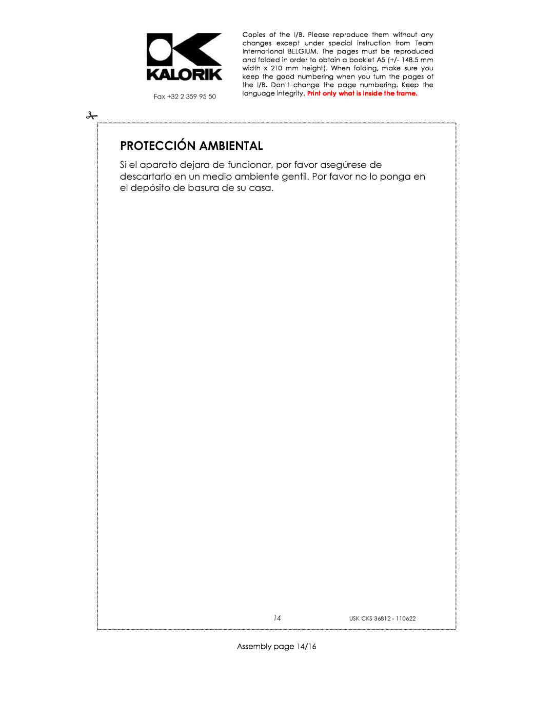 Kalorik USK CKS 36812 manual Protección Ambiental, Assembly page 14/16 