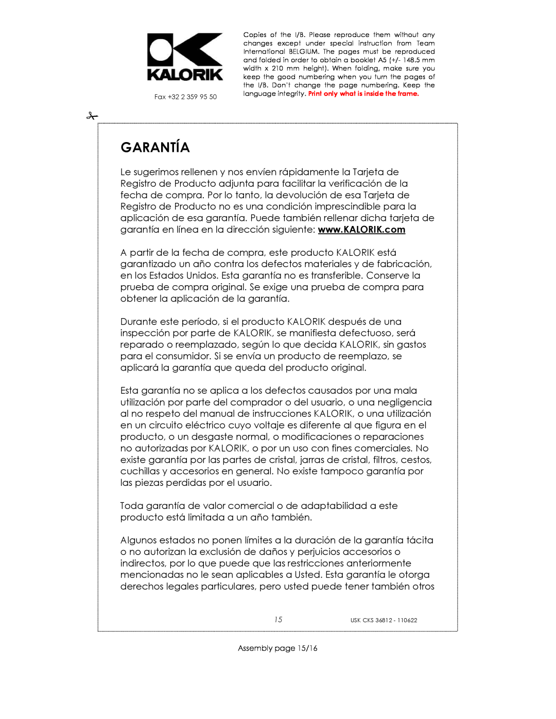 Kalorik USK CKS 36812 manual Garantía, Assembly page 15/16 