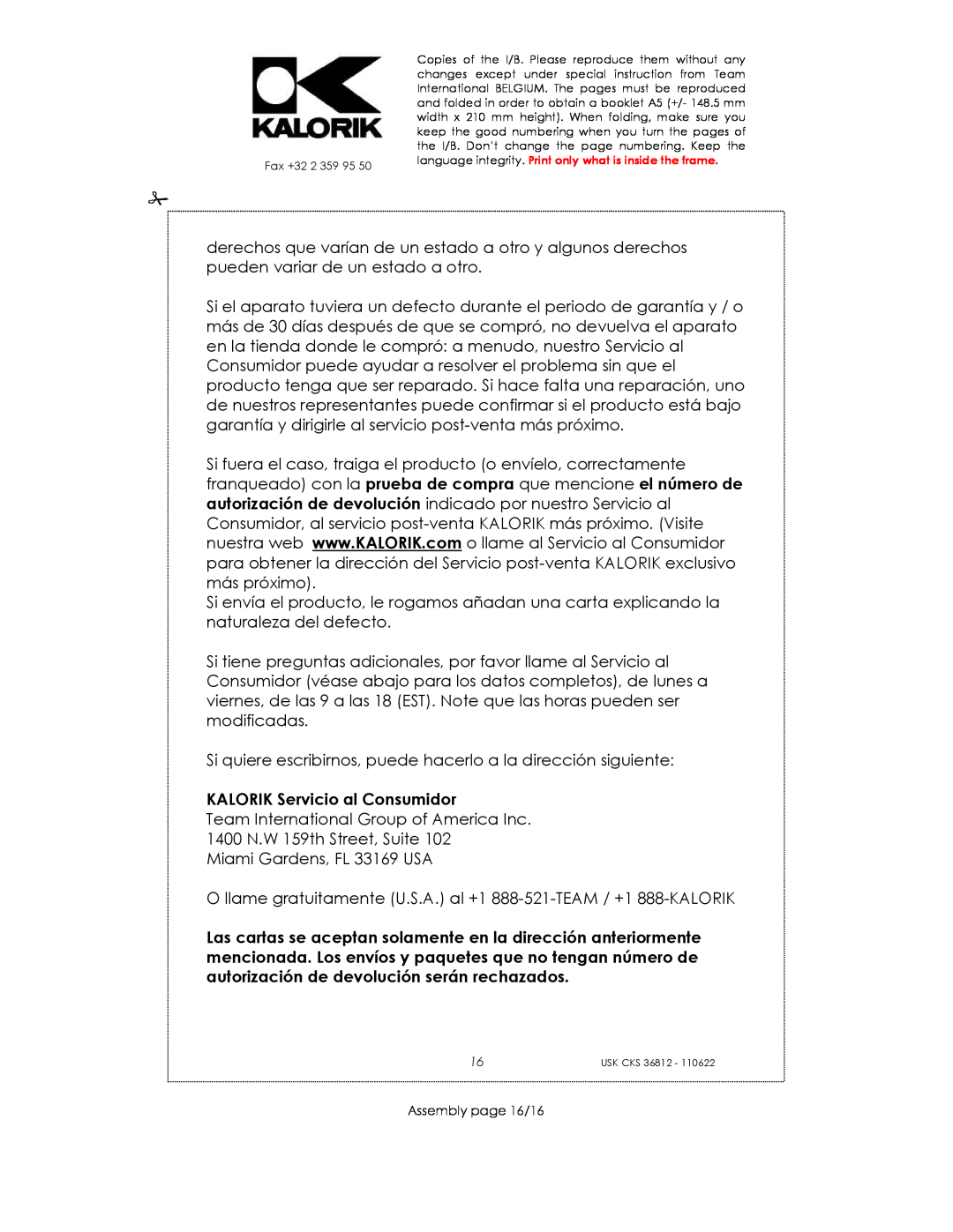 Kalorik USK CKS 36812 manual KALORIK Servicio al Consumidor, Assembly page 16/16 