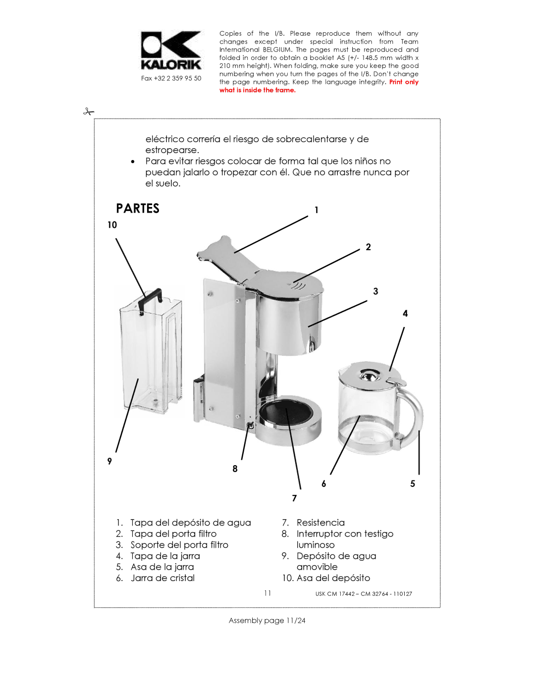 Kalorik USK CM 32764, USK CM 17442 manual PARTES1, Assembly page 11/24 