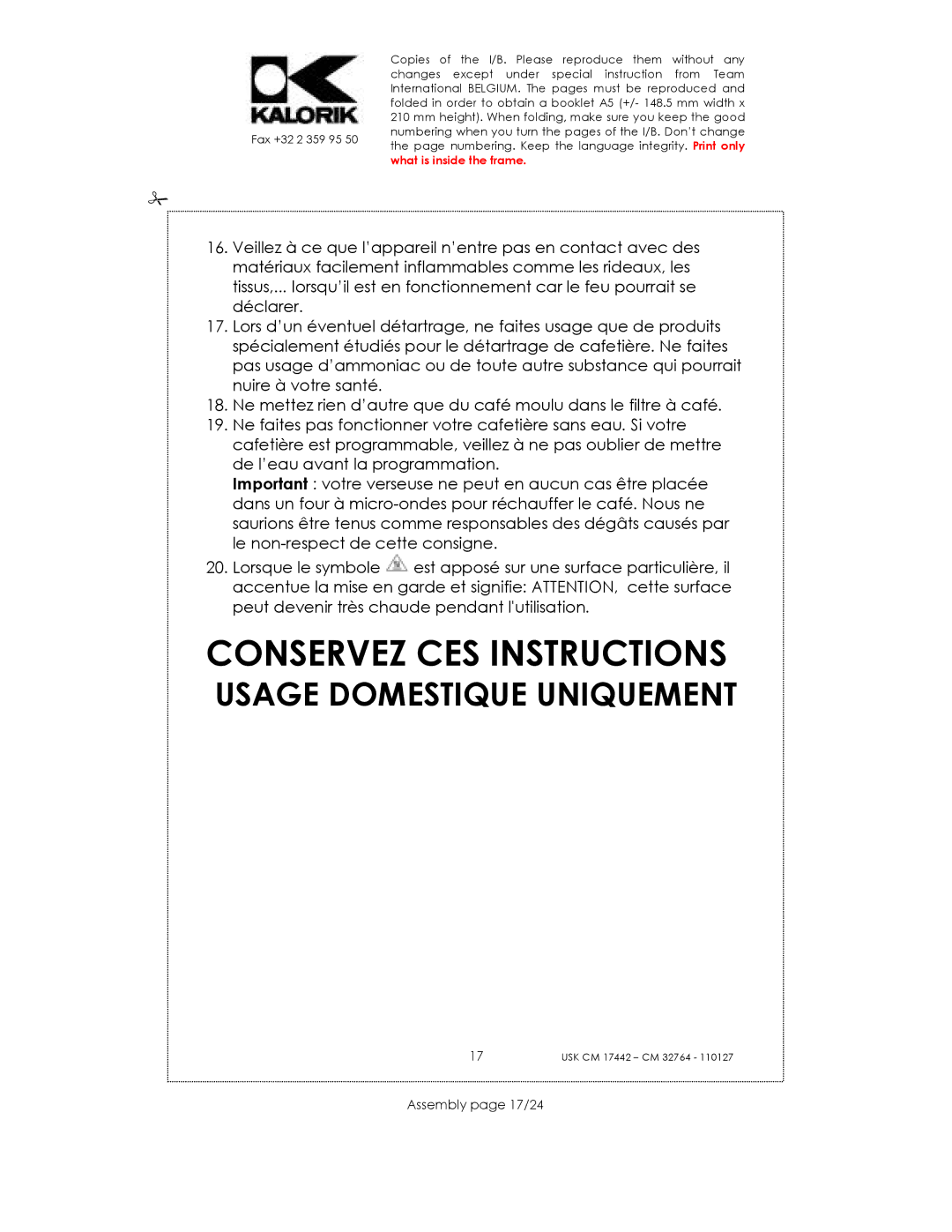 Kalorik USK CM 32764, USK CM 17442 manual Conservez CES Instructions, Assembly page 17/24 