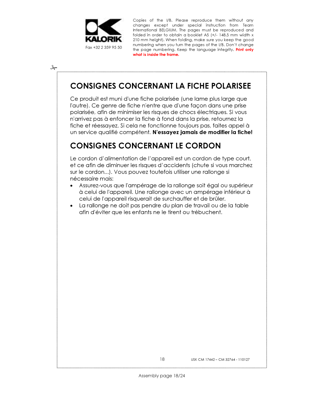 Kalorik USK CM 17442 manual Consignes Concernant LA Fiche Polarisee, Consignes Concernant LE Cordon, Assembly page 18/24 