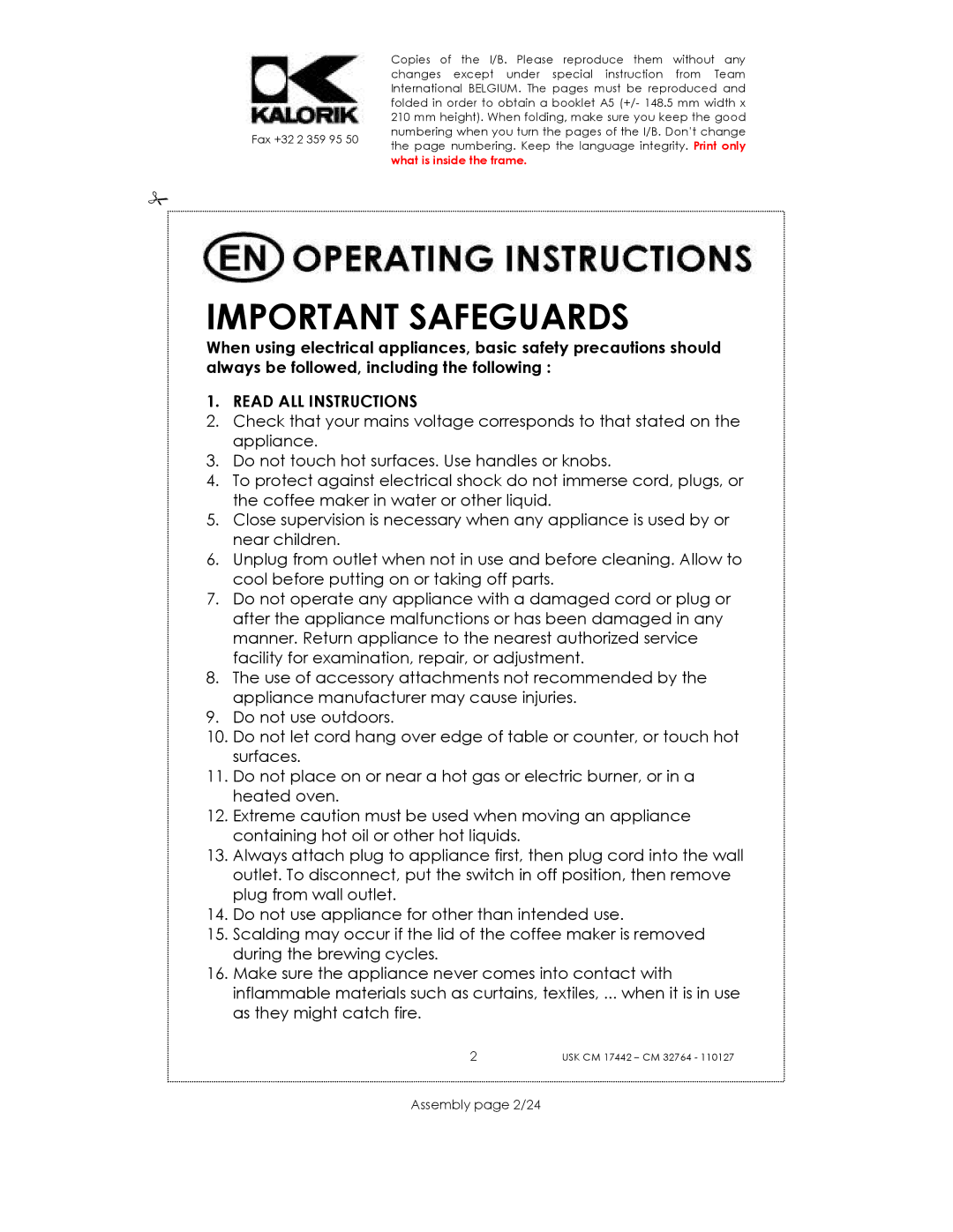 Kalorik USK CM 17442, USK CM 32764 manual Important Safeguards, Assembly page 2/24 