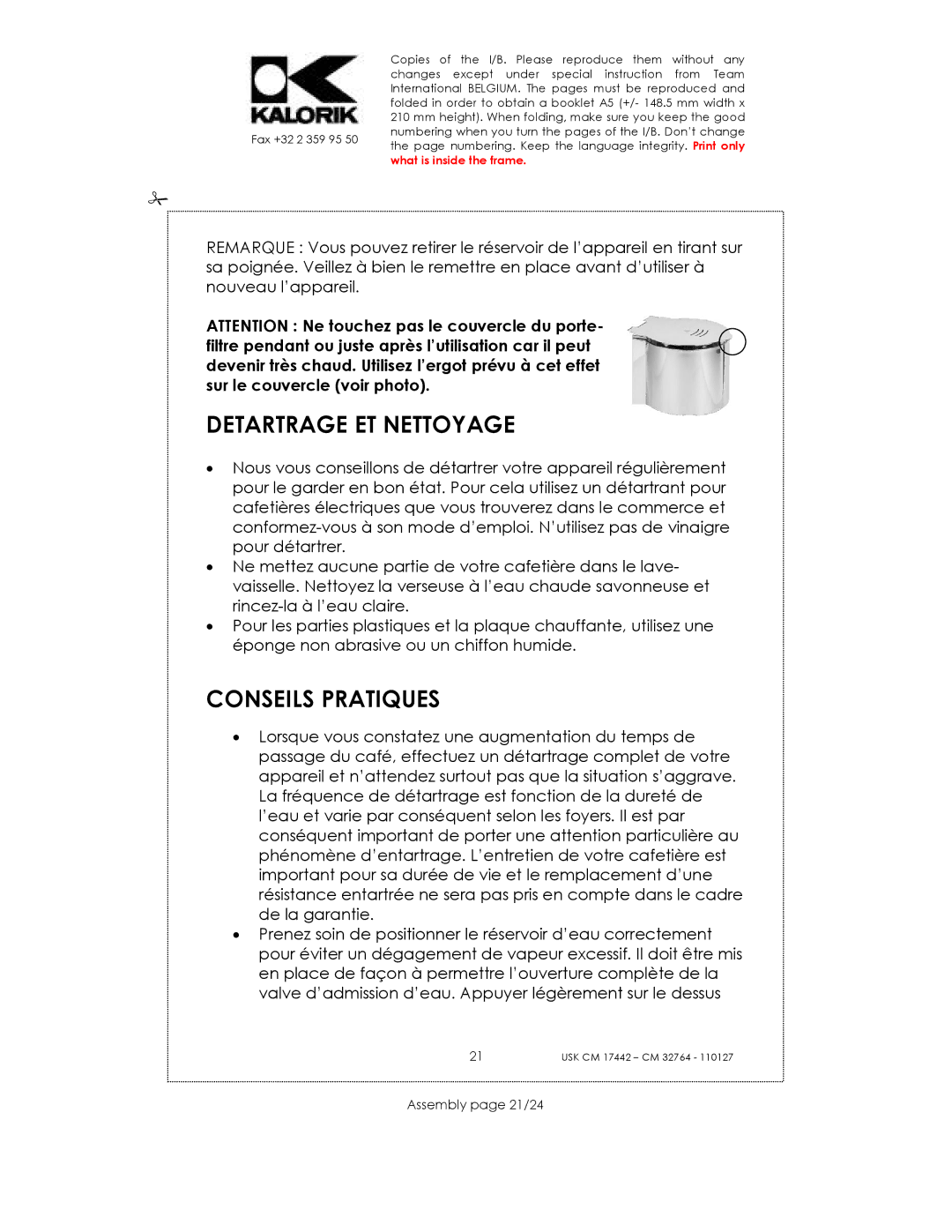 Kalorik USK CM 32764, USK CM 17442 manual Detartrage ET Nettoyage, Conseils Pratiques, Assembly page 21/24 