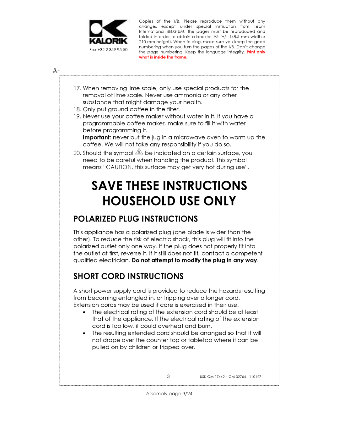 Kalorik USK CM 32764 manual Household USE only, Polarized Plug Instructions, Short Cord Instructions, Assembly page 3/24 