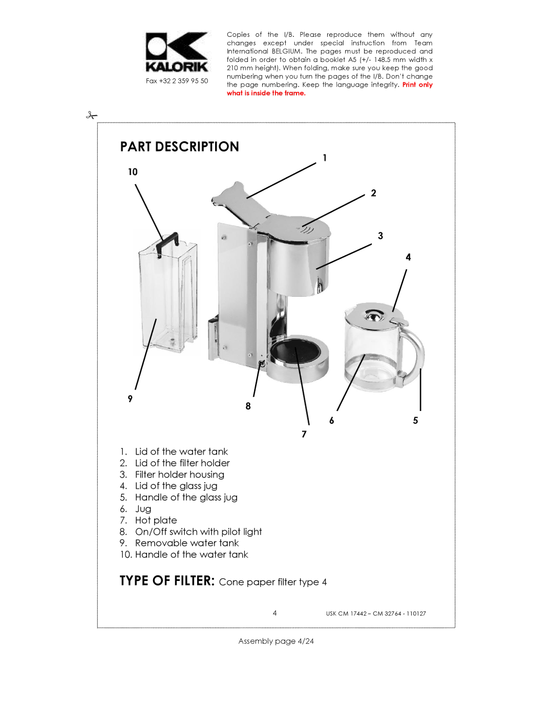 Kalorik USK CM 17442, USK CM 32764 manual Part Description, Assembly page 4/24 