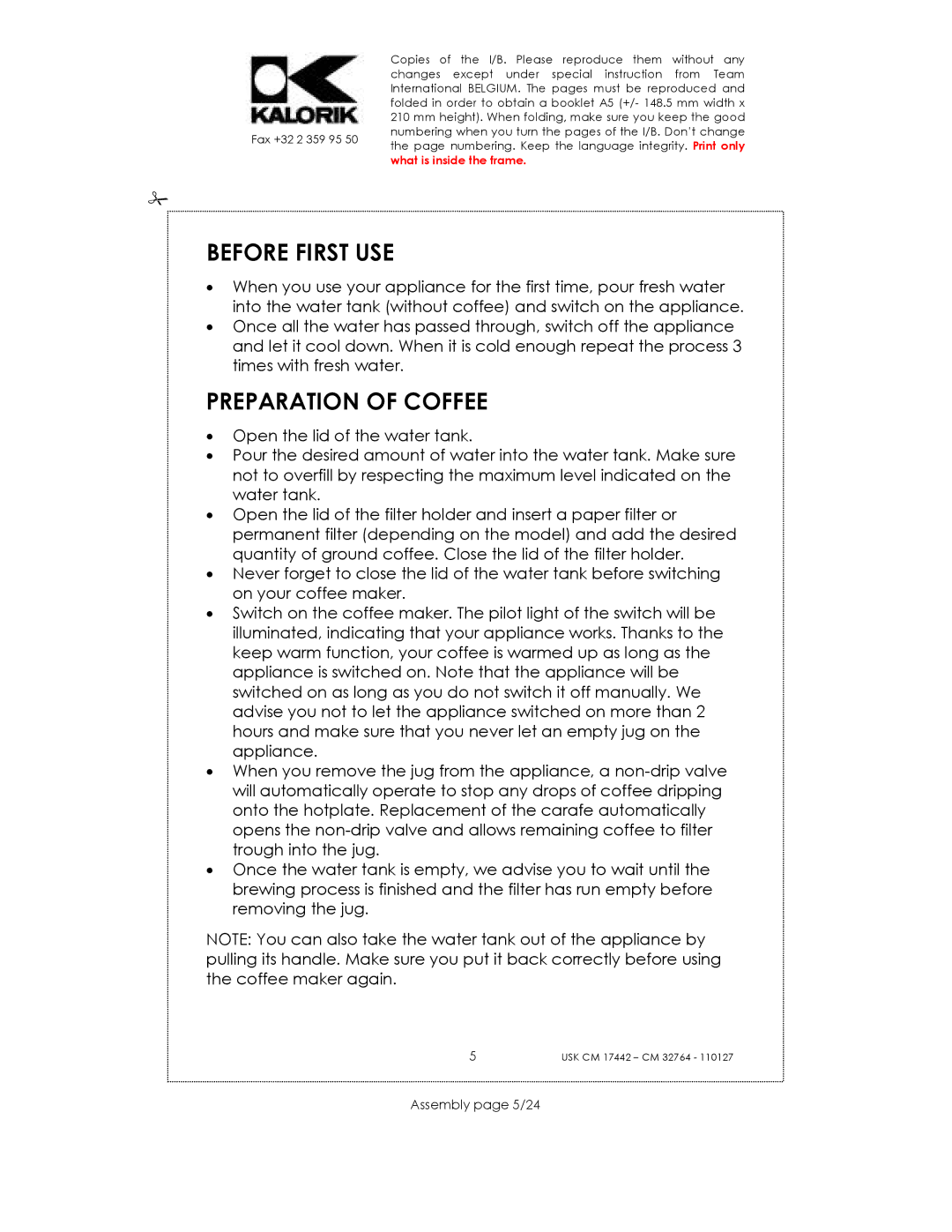 Kalorik USK CM 32764, USK CM 17442 manual Before First USE, Preparation of Coffee, Assembly page 5/24 