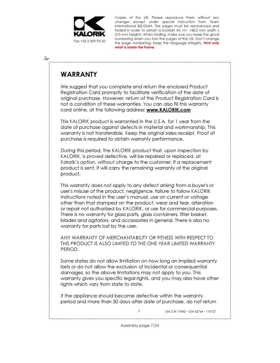 Kalorik USK CM 32764, USK CM 17442 manual Warranty, Assembly page 7/24 