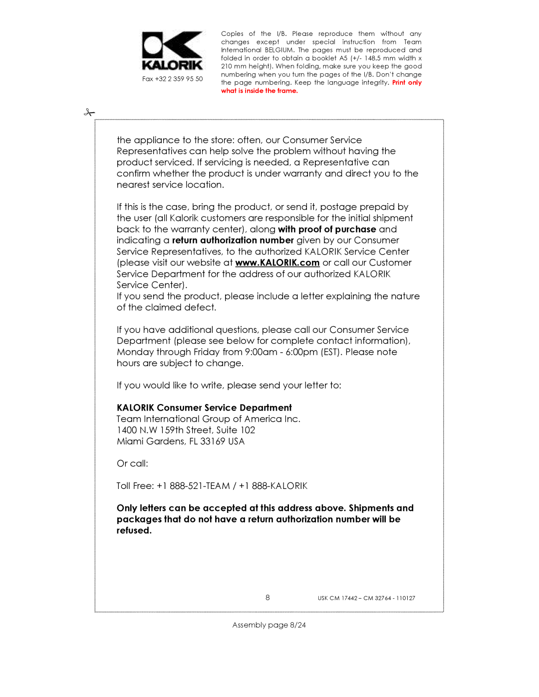 Kalorik USK CM 17442, USK CM 32764 manual Kalorik Consumer Service Department, Assembly page 8/24 