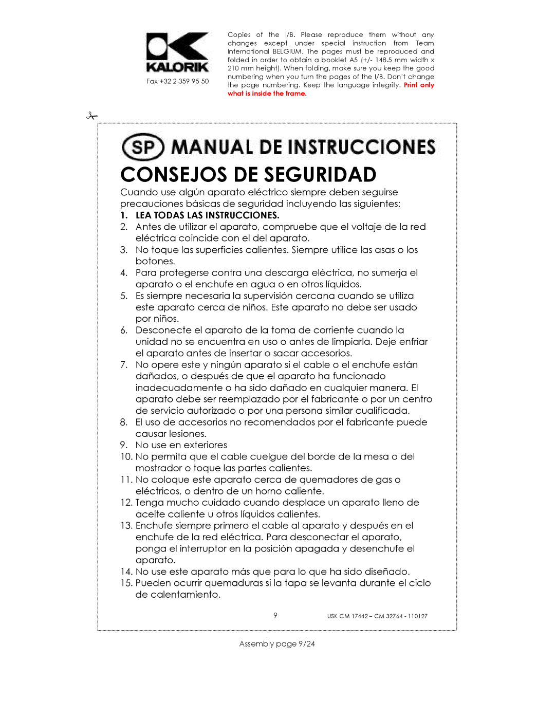 Kalorik USK CM 32764, USK CM 17442 manual Consejos DE Seguridad, Assembly page 9/24 