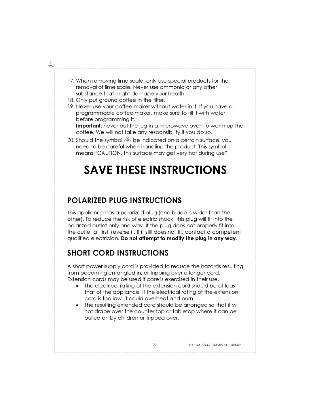 Kalorik USK CM 32764, USK CM 17442 manual Polarized Plug Instructions, Short Cord Instructions 