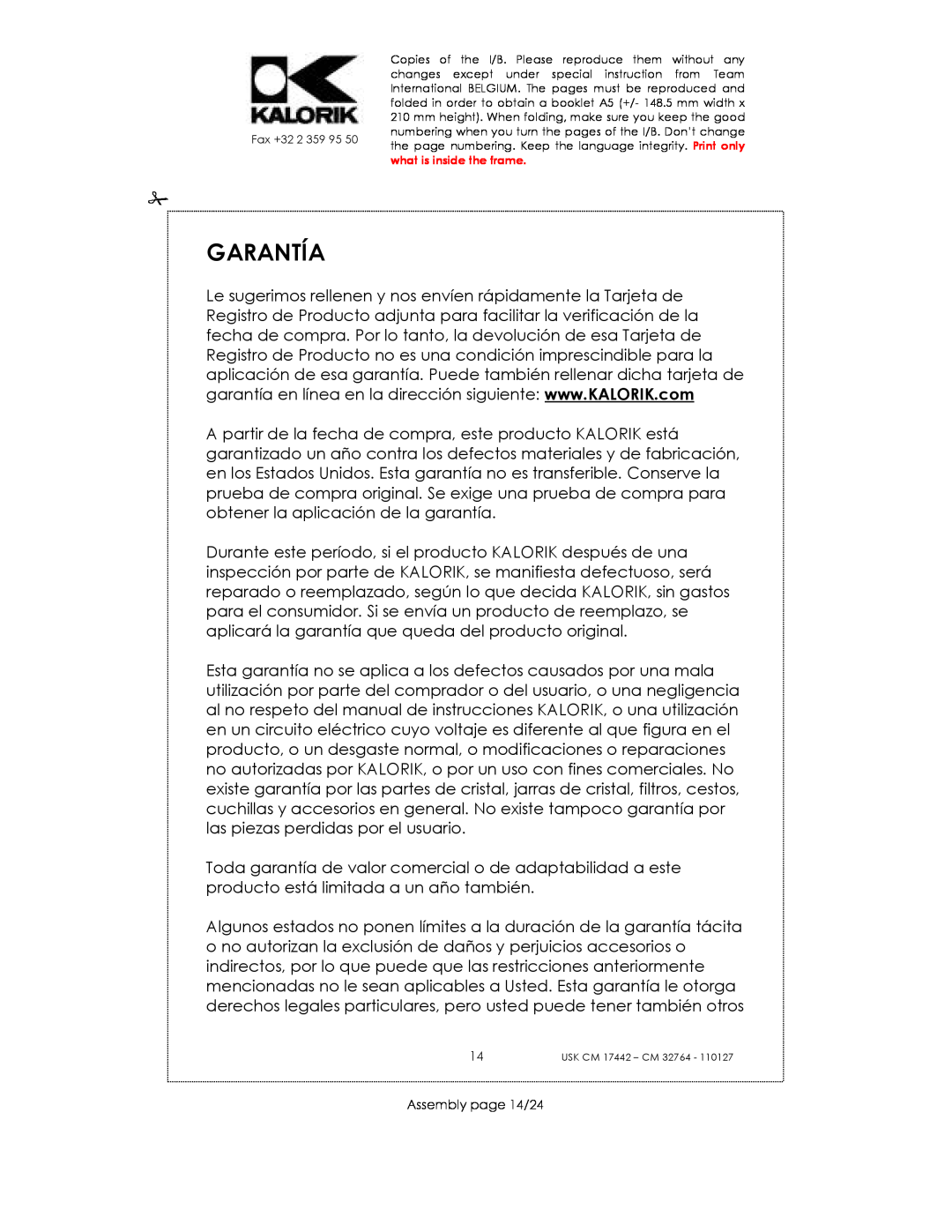 Kalorik USK CM 17442, USK CM 32764 manual Garantía, Assembly page 14/24 