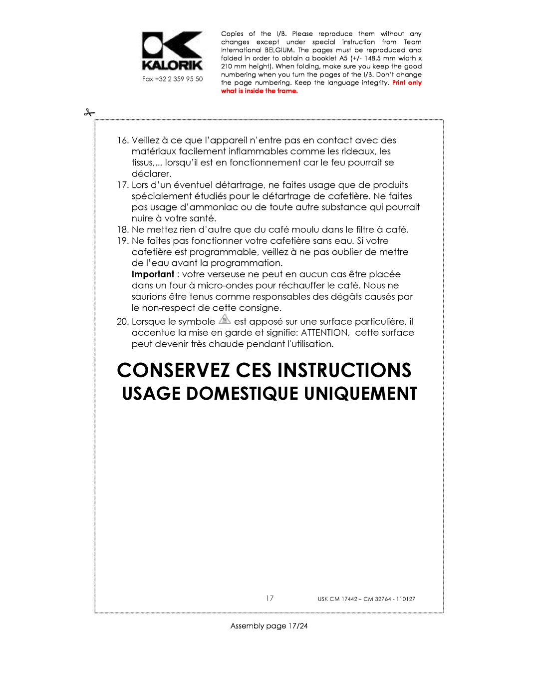 Kalorik USK CM 32764, USK CM 17442 manual Conservez Ces Instructions, Usage Domestique Uniquement 