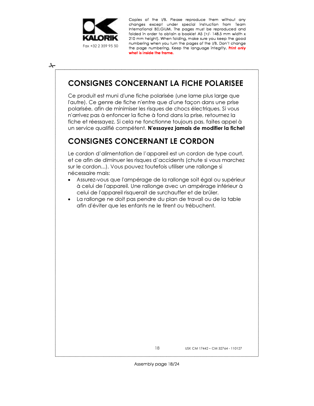 Kalorik USK CM 17442 manual Consignes Concernant La Fiche Polarisee, Consignes Concernant Le Cordon, Assembly page 18/24 
