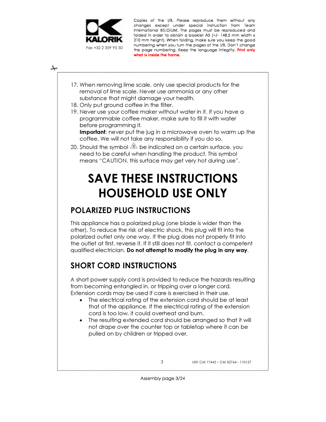 Kalorik USK CM 32764 Save These Instructions Household Use Only, Polarized Plug Instructions, Short Cord Instructions 