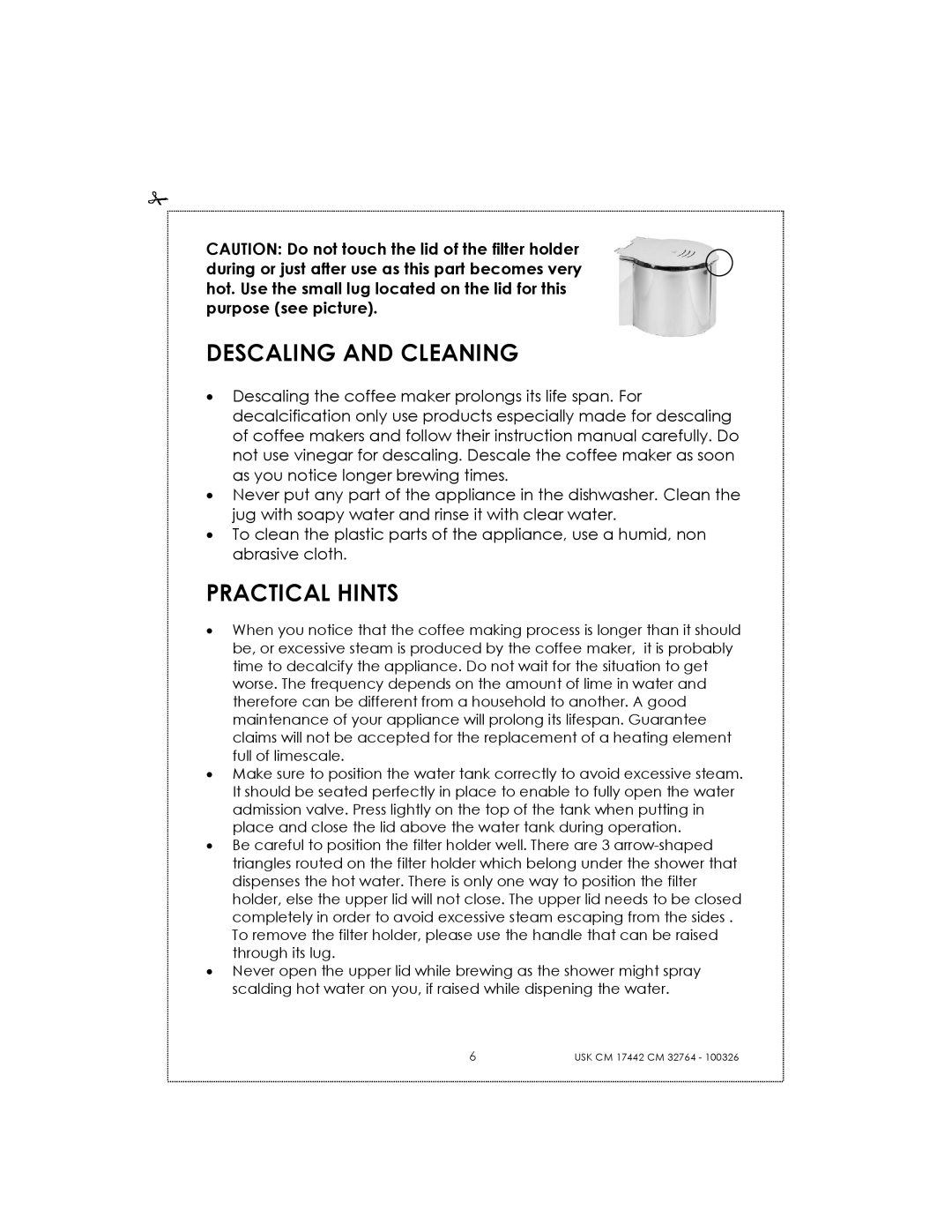 Kalorik USK CM 32764 manual Descaling And Cleaning, Practical Hints, USK CM 17442 CM 