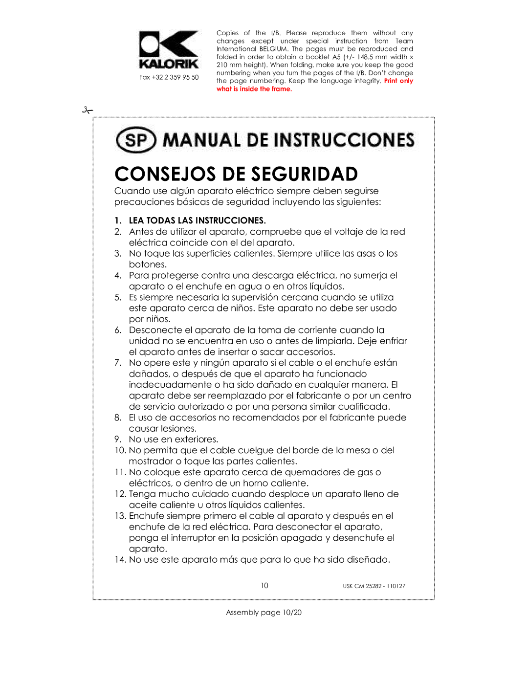 Kalorik USK CM 25282 manual Consejos DE Seguridad, Assembly page 10/20 