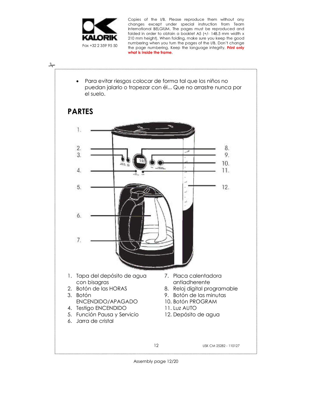 Kalorik USK CM 25282 manual Partes, Assembly page 12/20 