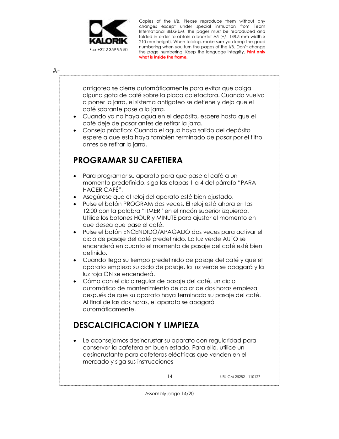 Kalorik USK CM 25282 manual Programar SU Cafetiera, Descalcificacion Y Limpieza, Assembly page 14/20 