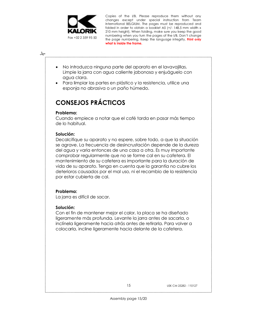 Kalorik USK CM 25282 manual Consejos Prácticos, Problema, Solución, Assembly page 15/20 