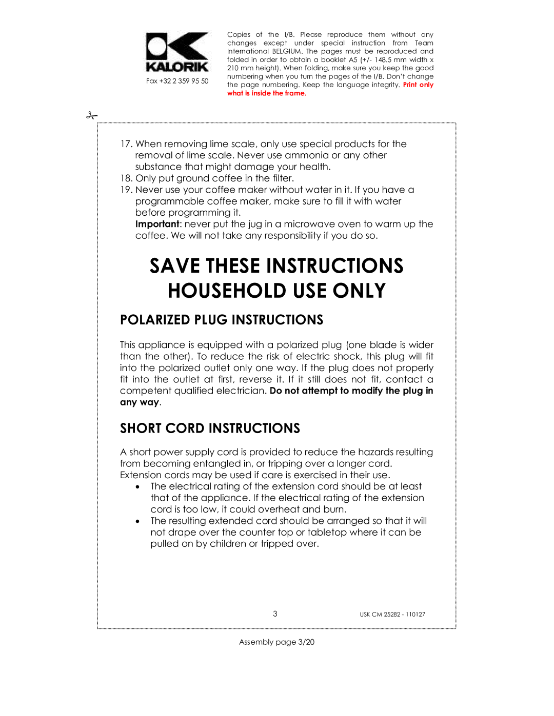 Kalorik USK CM 25282 manual Household USE only, Polarized Plug Instructions, Short Cord Instructions, Assembly page 3/20 