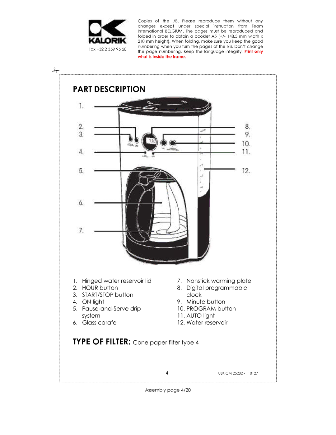 Kalorik USK CM 25282 manual Part Description, Assembly page 4/20 