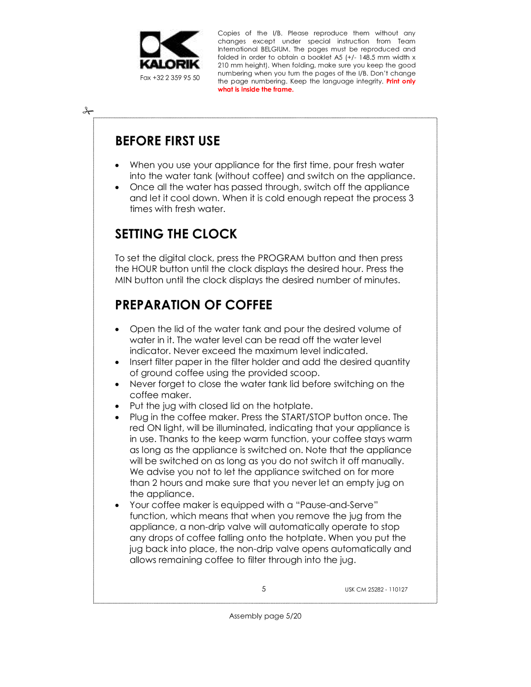 Kalorik USK CM 25282 manual Before First USE, Setting the Clock, Preparation of Coffee, Assembly page 5/20 