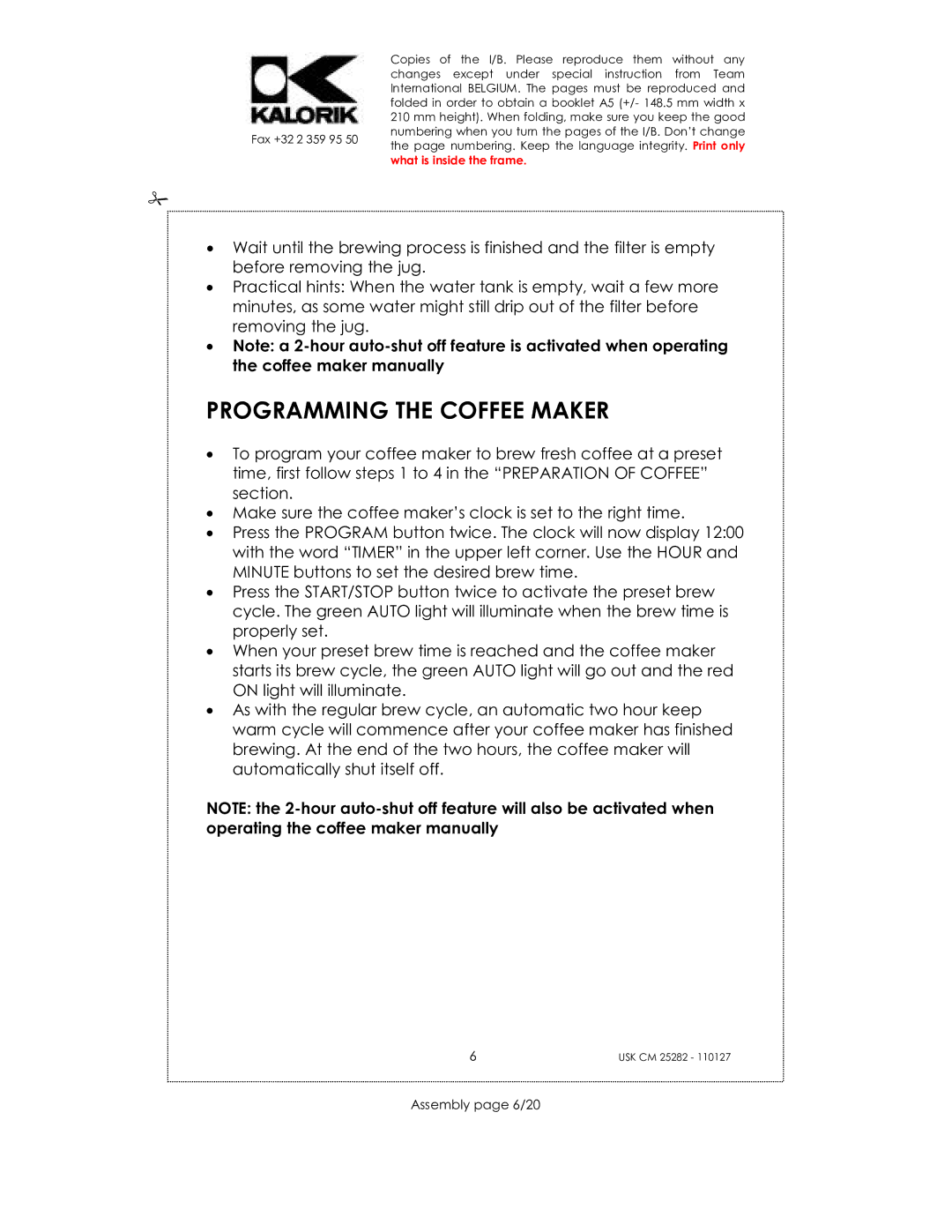 Kalorik USK CM 25282 manual Programming the Coffee Maker, Assembly page 6/20 