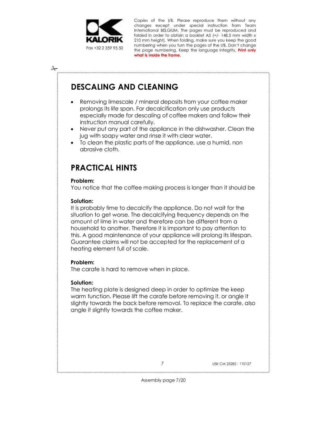 Kalorik USK CM 25282 manual Descaling and Cleaning, Practical Hints, Problem, Solution, Assembly page 7/20 