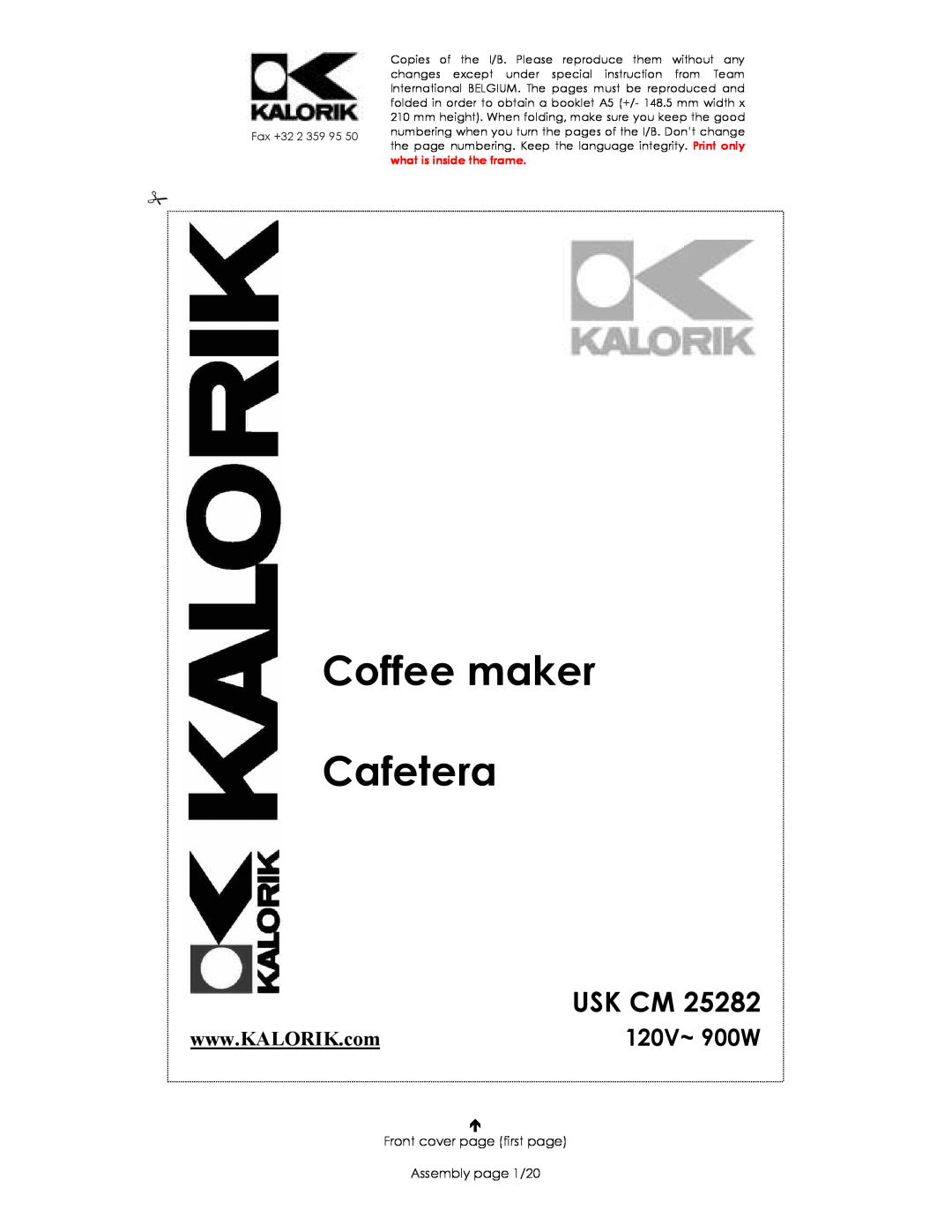 Kalorik USK CM 25282 manual 120V~ 900W, Coffee maker Cafetera, Usk Cm, Front cover page first page Assembly page 1/20 