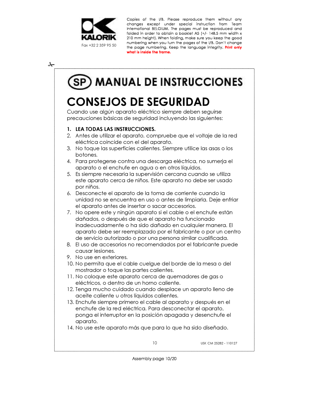 Kalorik USK CM 25282 manual Consejos De Seguridad, Lea Todas Las Instrucciones 