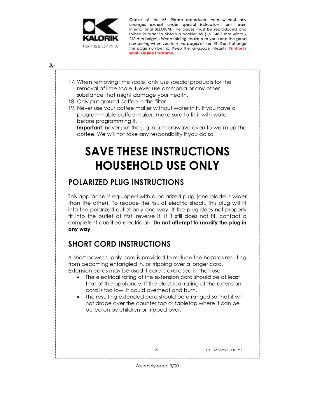 Kalorik USK CM 25282 Save These Instructions Household Use Only, Polarized Plug Instructions, Short Cord Instructions 