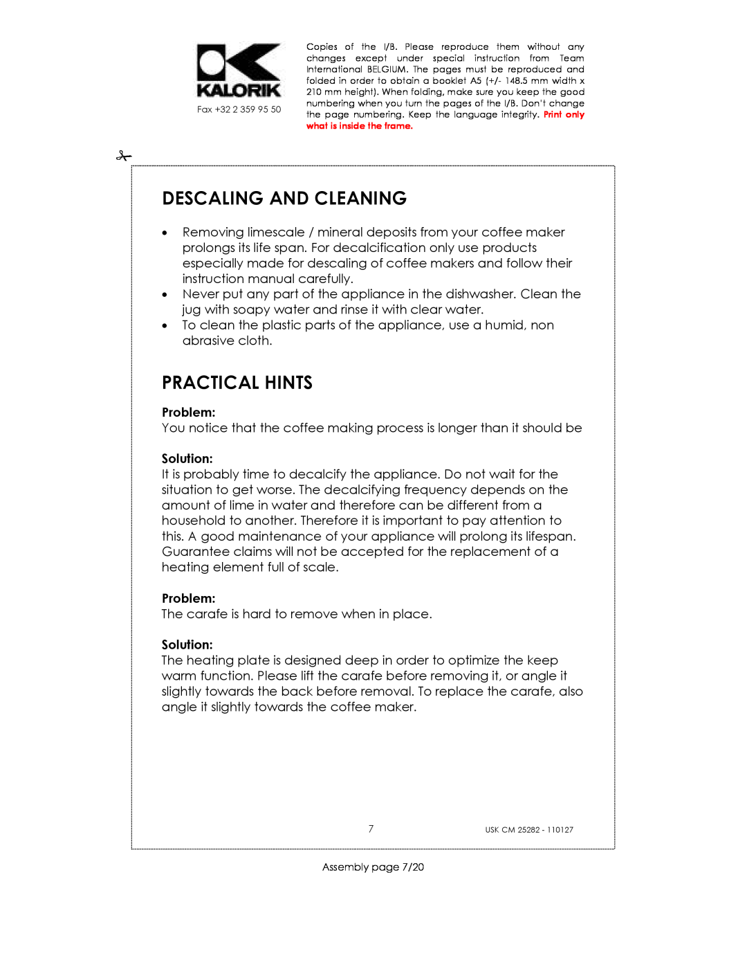 Kalorik USK CM 25282 manual Descaling And Cleaning, Practical Hints, Problem, Solution 