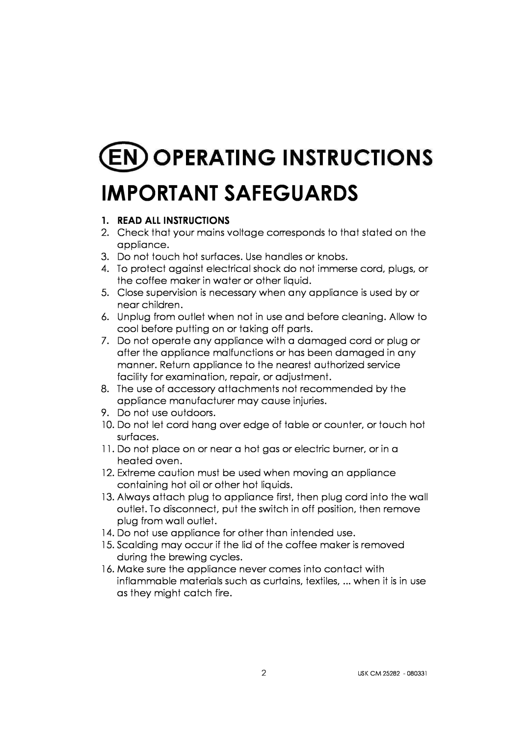 Kalorik USK CM 25282 manual Important Safeguards 