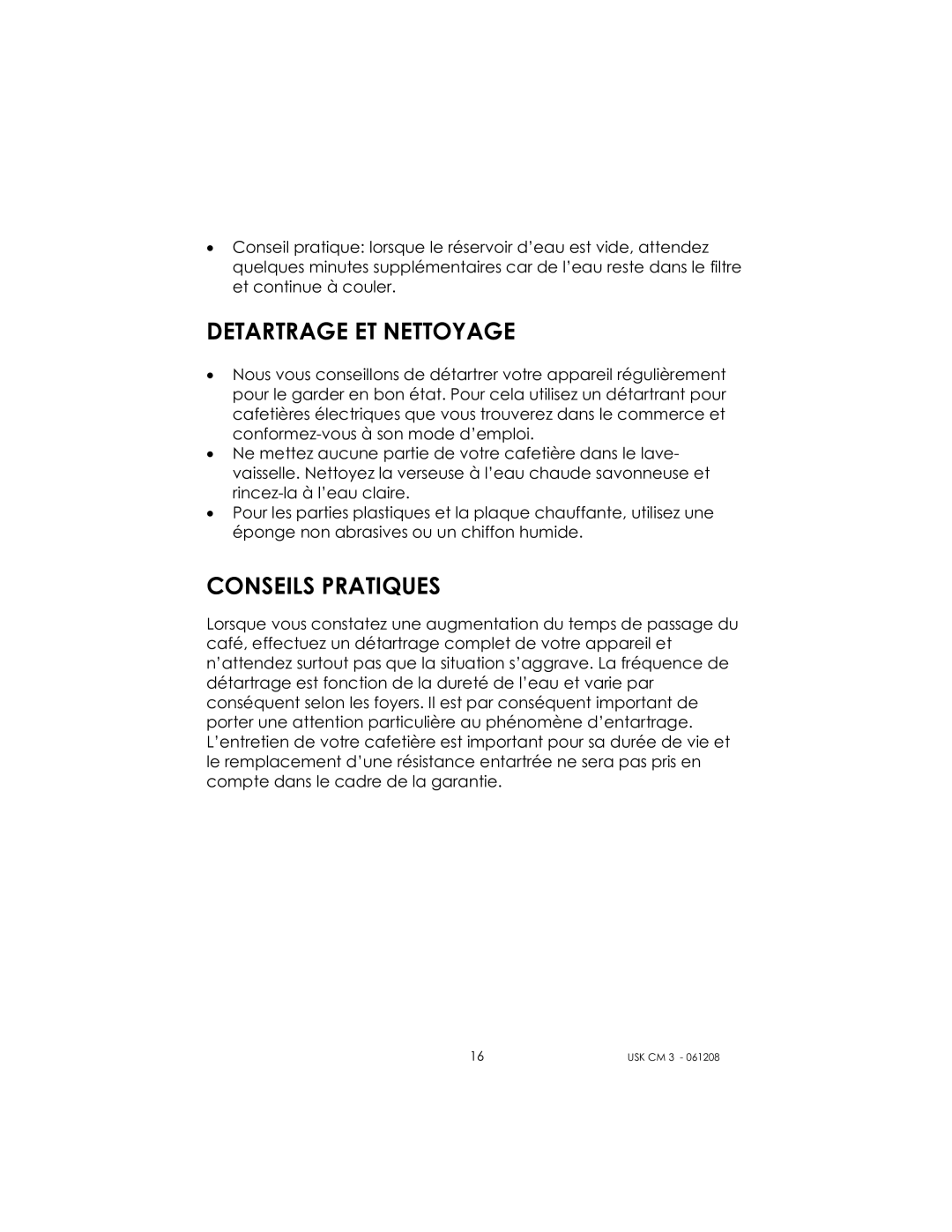 Kalorik USK CM 3 manual Detartrage ET Nettoyage, Conseils Pratiques 