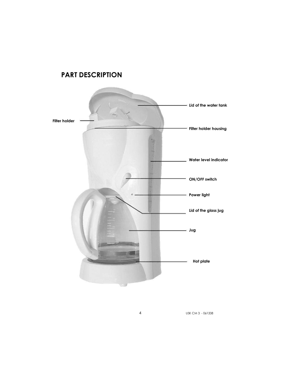 Kalorik USK CM 3 manual Part Description 