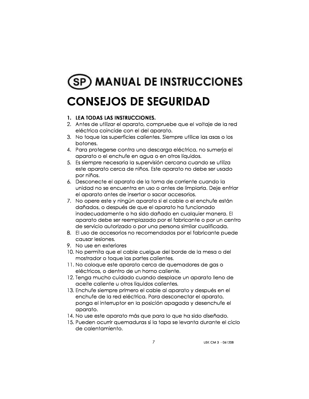 Kalorik USK CM 3 manual Consejos De Seguridad 