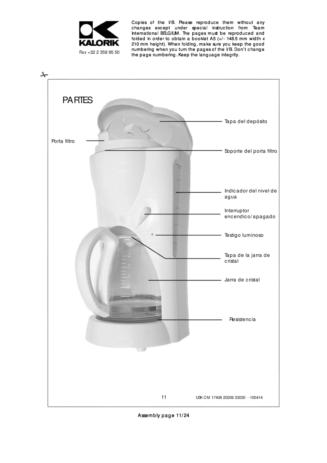 Kalorik USK CM 20206 manual Partes, Tapa del depósito Porta filtro, Soporte del porta filtro, Indicador del nivel de agua 