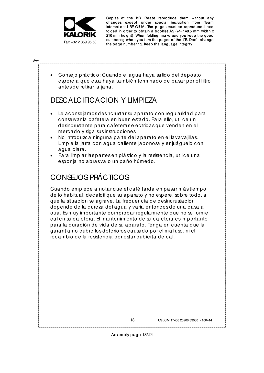 Kalorik USK CM 17408, USK CM 33030, USK CM 20206 manual Descalcificacion Y Limpieza, Consejos Prácticos, Assembly page 13/24 