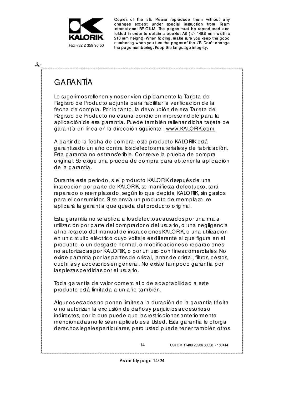 Kalorik USK CM 20206, USK CM 33030, USK CM 17408 manual Garantía, Assembly page 14/24 