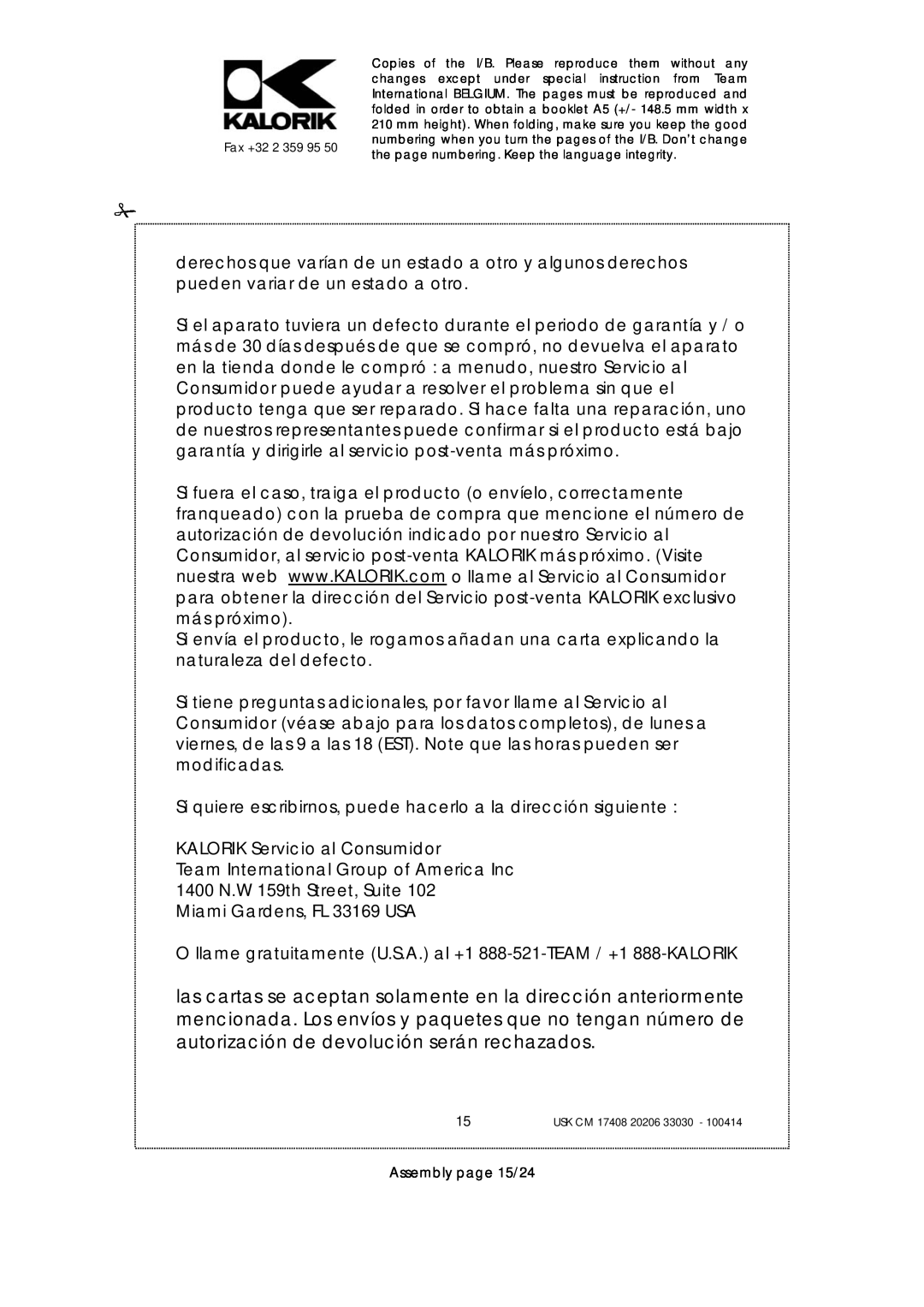 Kalorik USK CM 33030, USK CM 17408, USK CM 20206 manual KALORIK Servicio al Consumidor 