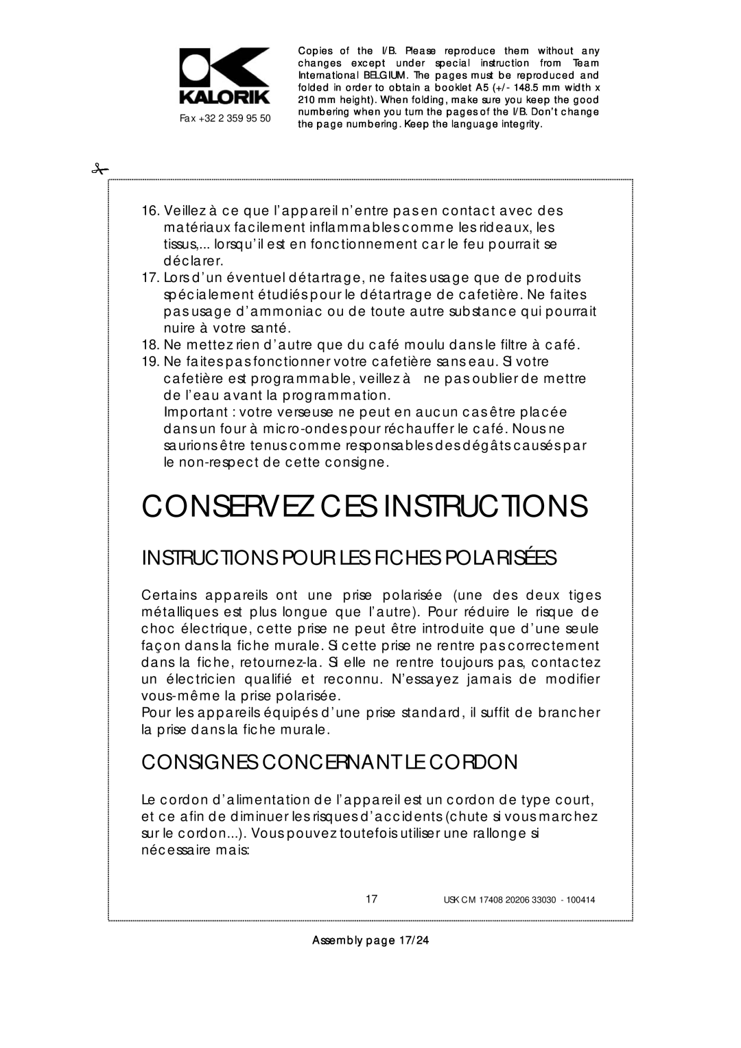 Kalorik USK CM 20206 Conservez Ces Instructions, Instructions Pour Les Fiches Polarisées, Consignes Concernant Le Cordon 