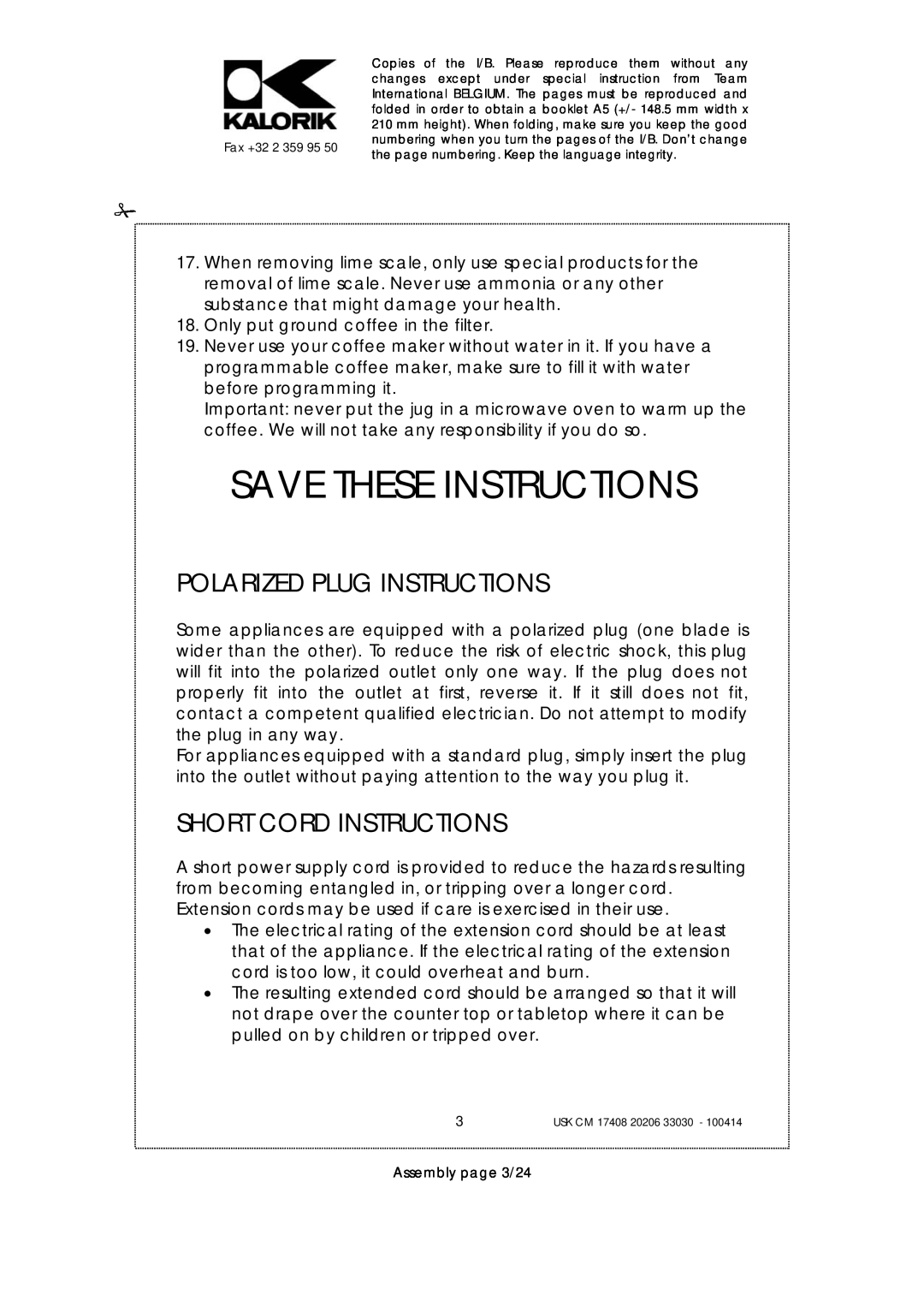 Kalorik USK CM 33030, USK CM 17408 manual Save These Instructions, Polarized Plug Instructions, Short Cord Instructions 